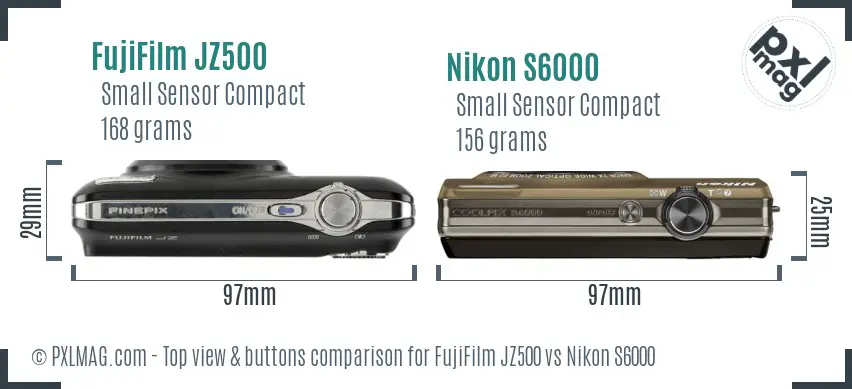 FujiFilm JZ500 vs Nikon S6000 top view buttons comparison