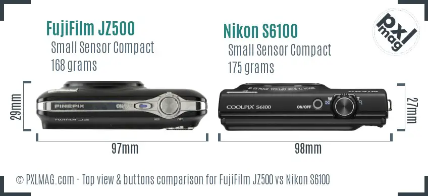 FujiFilm JZ500 vs Nikon S6100 top view buttons comparison FujiFilm JZ500 vs Nikon S6100 top view buttons comparison