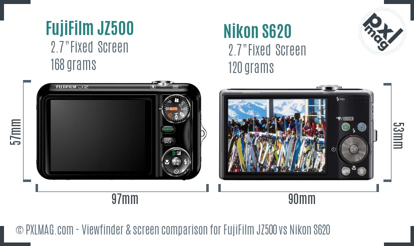 FujiFilm JZ500 vs Nikon S620 Screen and Viewfinder comparison