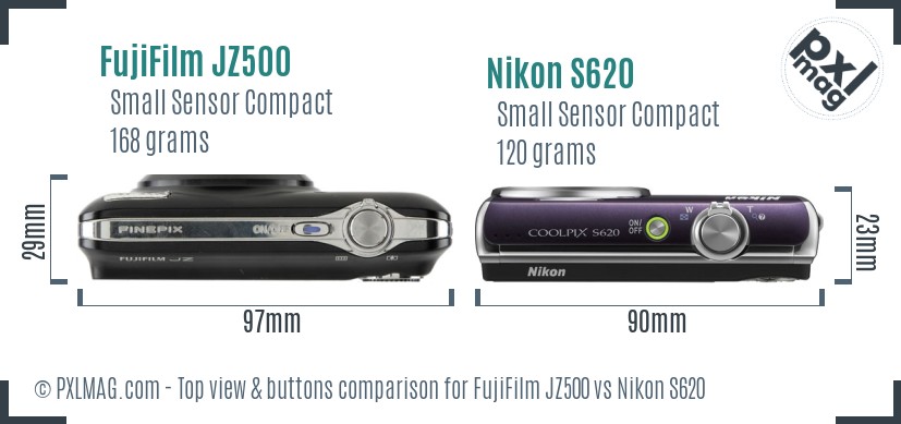 FujiFilm JZ500 vs Nikon S620 top view buttons comparison