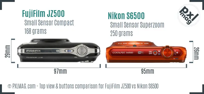 FujiFilm JZ500 vs Nikon S6500 top view buttons comparison FujiFilm JZ500 vs Nikon S6500 top view buttons comparison