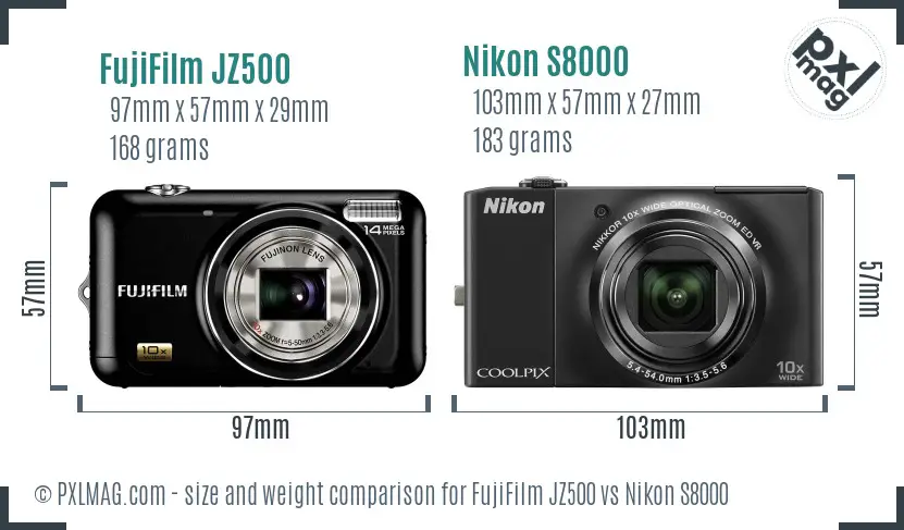 FujiFilm JZ500 vs Nikon S8000 size comparison FujiFilm JZ500 vs Nikon S8000 size comparison