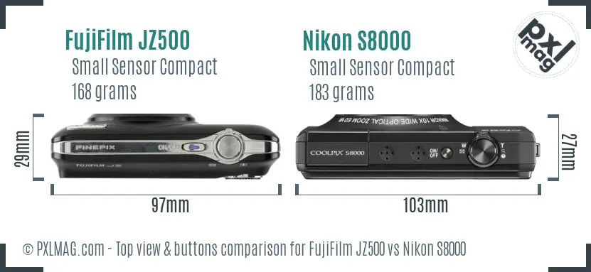 FujiFilm JZ500 vs Nikon S8000 top view buttons comparison FujiFilm JZ500 vs Nikon S8000 top view buttons comparison