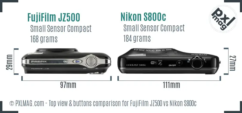 FujiFilm JZ500 vs Nikon S800c top view buttons comparison FujiFilm JZ500 vs Nikon S800c top view buttons comparison