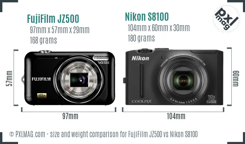 FujiFilm JZ500 vs Nikon S8100 size comparison