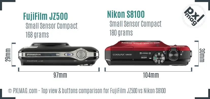 FujiFilm JZ500 vs Nikon S8100 top view buttons comparison