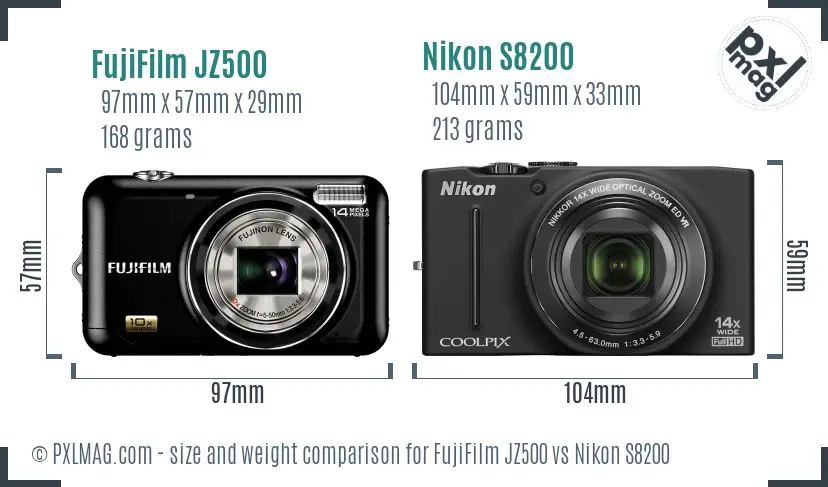 FujiFilm JZ500 vs Nikon S8200 size comparison