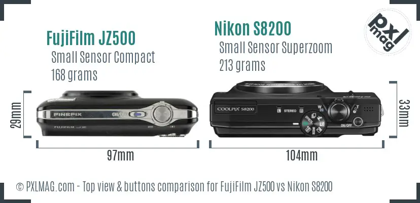 FujiFilm JZ500 vs Nikon S8200 top view buttons comparison