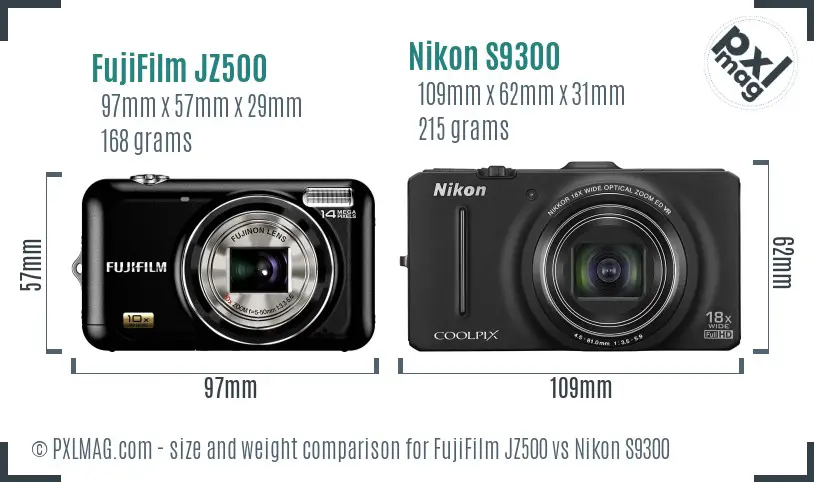 FujiFilm JZ500 vs Nikon S9300 size comparison