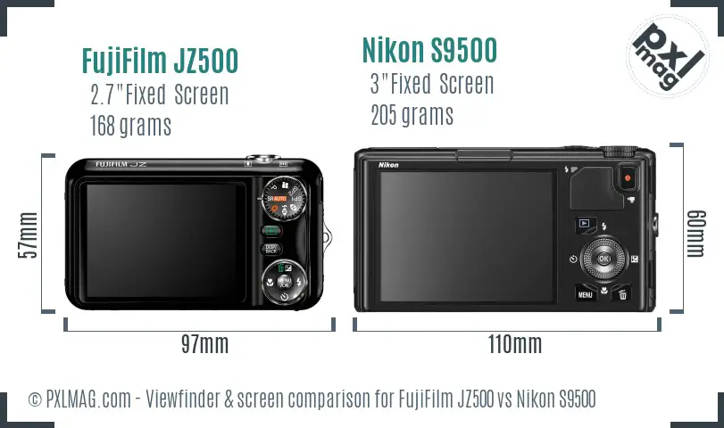 FujiFilm JZ500 vs Nikon S9500 Screen and Viewfinder comparison