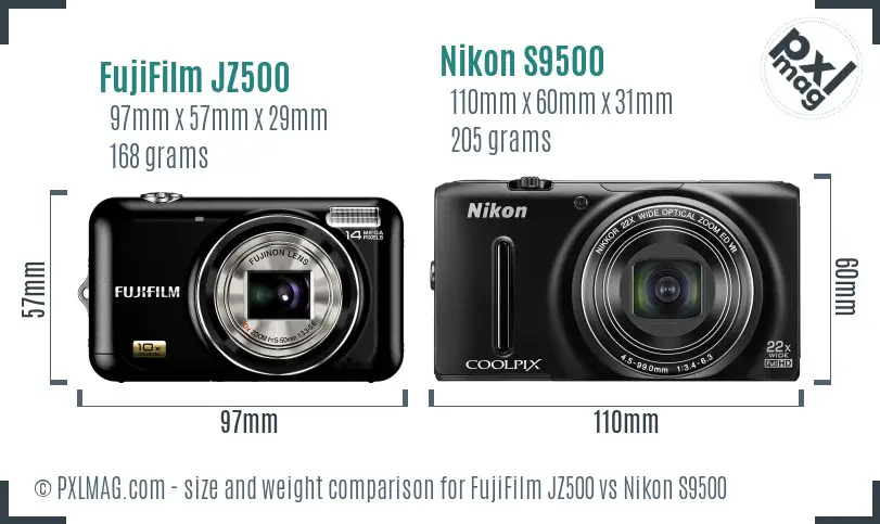 FujiFilm JZ500 vs Nikon S9500 size comparison