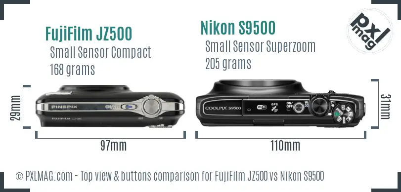 FujiFilm JZ500 vs Nikon S9500 top view buttons comparison