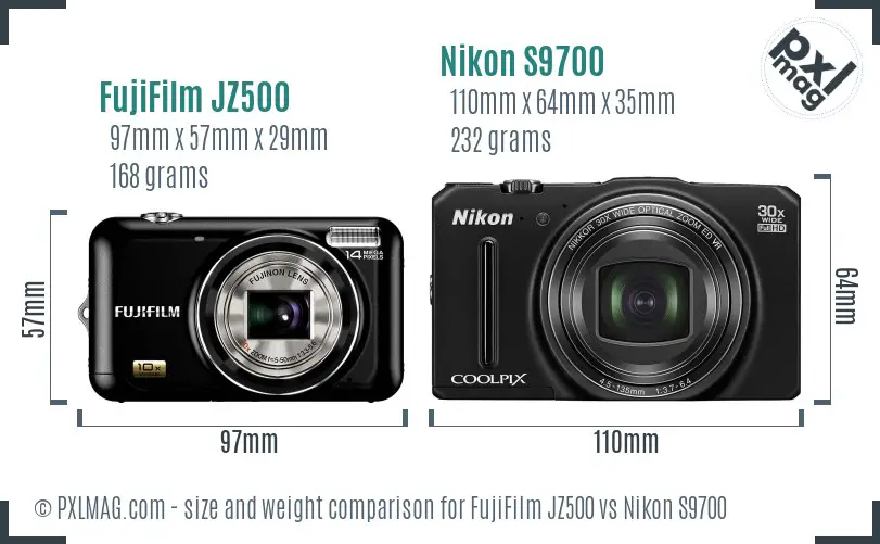 FujiFilm JZ500 vs Nikon S9700 size comparison