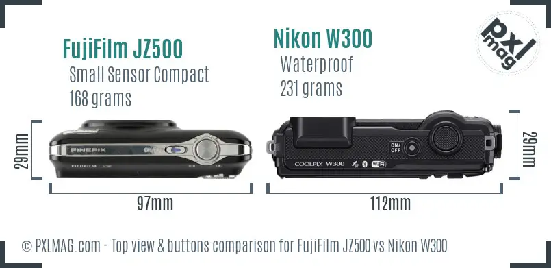 FujiFilm JZ500 vs Nikon W300 top view buttons comparison