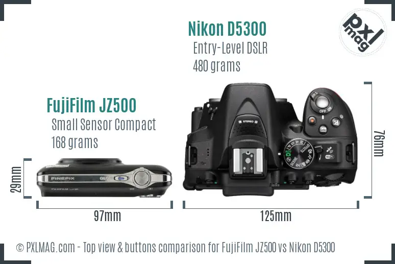 FujiFilm JZ500 vs Nikon D5300 top view buttons comparison