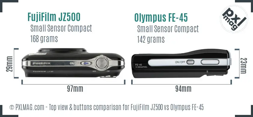 FujiFilm JZ500 vs Olympus FE-45 top view buttons comparison