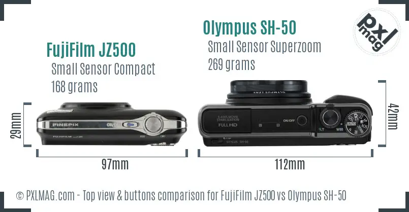 FujiFilm JZ500 vs Olympus SH-50 top view buttons comparison