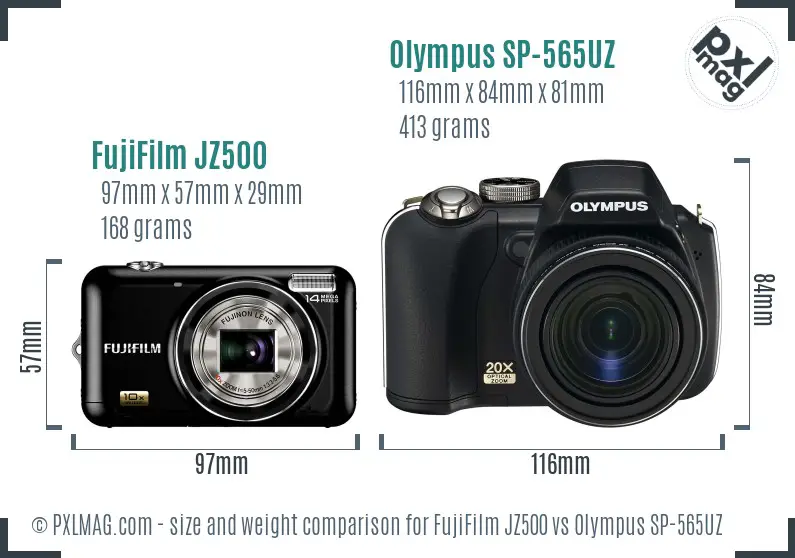 FujiFilm JZ500 vs Olympus SP-565UZ size comparison FujiFilm JZ500 vs Olympus SP-565UZ size comparison