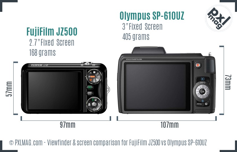 FujiFilm JZ500 vs Olympus SP-610UZ Screen and Viewfinder comparison