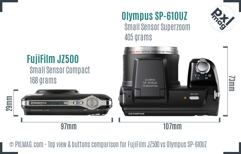 FujiFilm JZ500 vs Olympus SP-610UZ top view buttons comparison