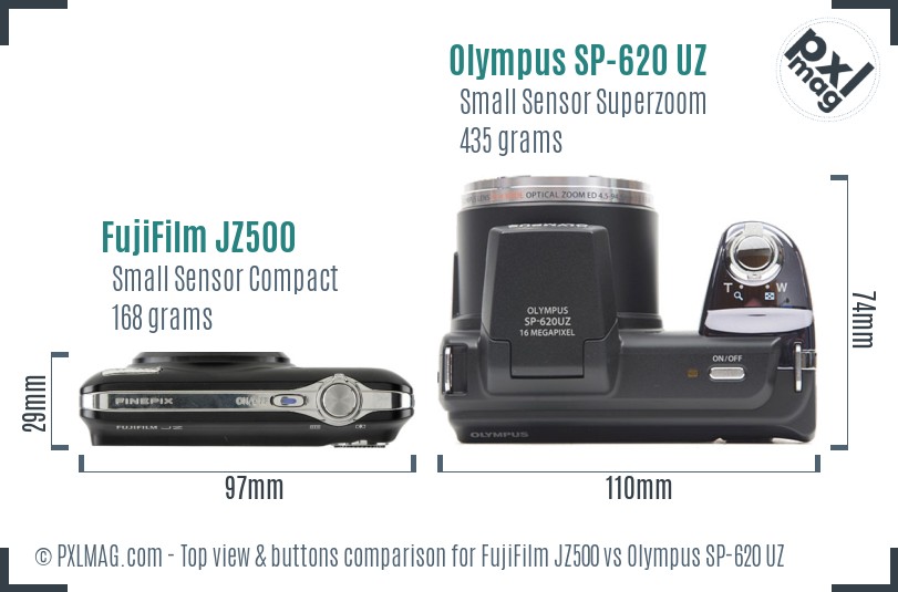 FujiFilm JZ500 vs Olympus SP-620 UZ top view buttons comparison