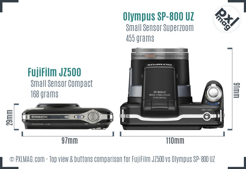 FujiFilm JZ500 vs Olympus SP-800 UZ top view buttons comparison