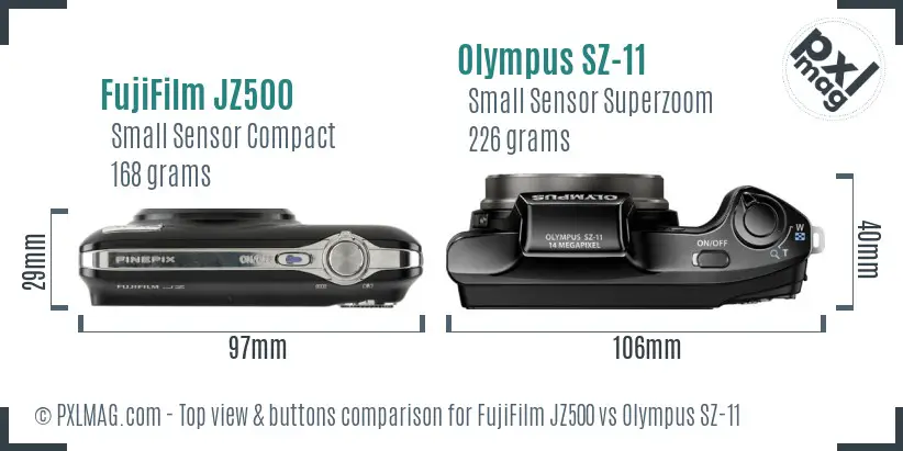 FujiFilm JZ500 vs Olympus SZ-11 top view buttons comparison