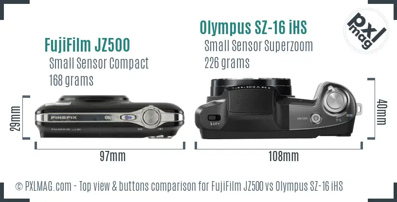 FujiFilm JZ500 vs Olympus SZ-16 iHS top view buttons comparison