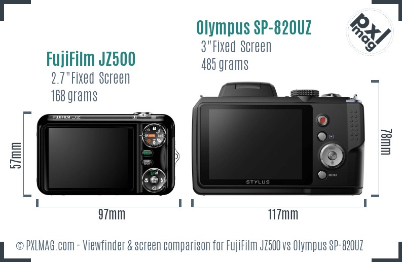 FujiFilm JZ500 vs Olympus SP-820UZ Screen and Viewfinder comparison