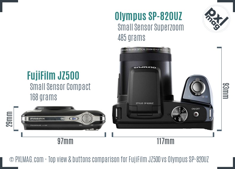 FujiFilm JZ500 vs Olympus SP-820UZ top view buttons comparison