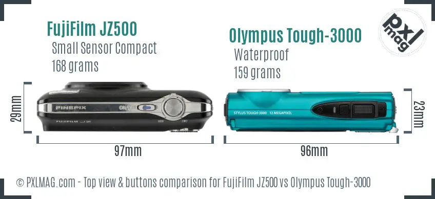 FujiFilm JZ500 vs Olympus Tough-3000 top view buttons comparison