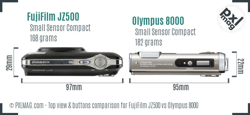 FujiFilm JZ500 vs Olympus 8000 top view buttons comparison FujiFilm JZ500 vs Olympus 8000 top view buttons comparison