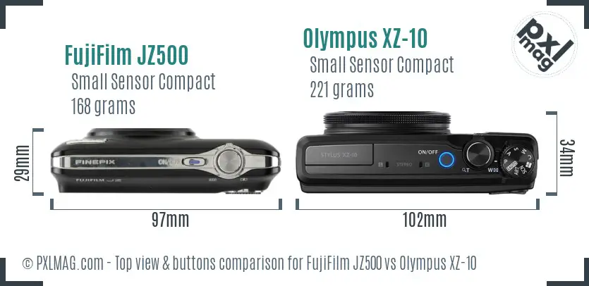 FujiFilm JZ500 vs Olympus XZ-10 top view buttons comparison FujiFilm JZ500 vs Olympus XZ-10 top view buttons comparison