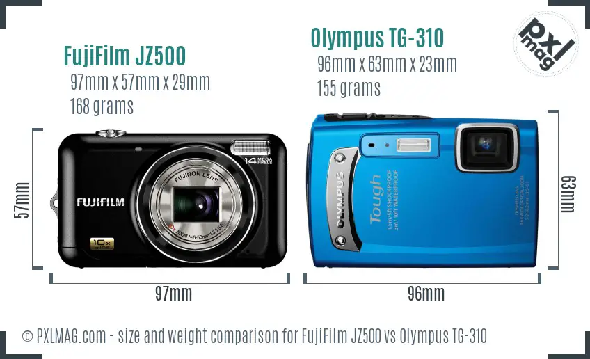 FujiFilm JZ500 vs Olympus TG-310 size comparison FujiFilm JZ500 vs Olympus TG-310 size comparison