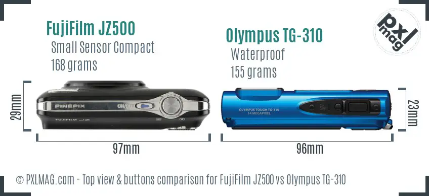 FujiFilm JZ500 vs Olympus TG-310 top view buttons comparison FujiFilm JZ500 vs Olympus TG-310 top view buttons comparison
