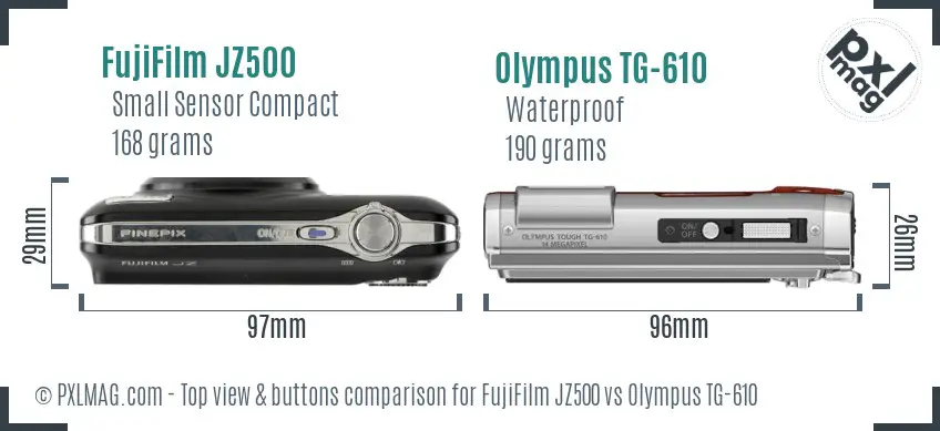 FujiFilm JZ500 vs Olympus TG-610 top view buttons comparison