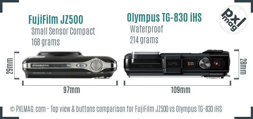 FujiFilm JZ500 vs Olympus TG-830 iHS top view buttons comparison FujiFilm JZ500 vs Olympus TG-830 iHS top view buttons comparison