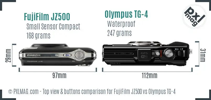 FujiFilm JZ500 vs Olympus TG-4 top view buttons comparison