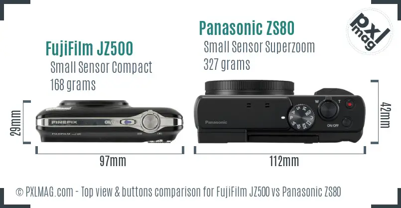 FujiFilm JZ500 vs Panasonic ZS80 top view buttons comparison