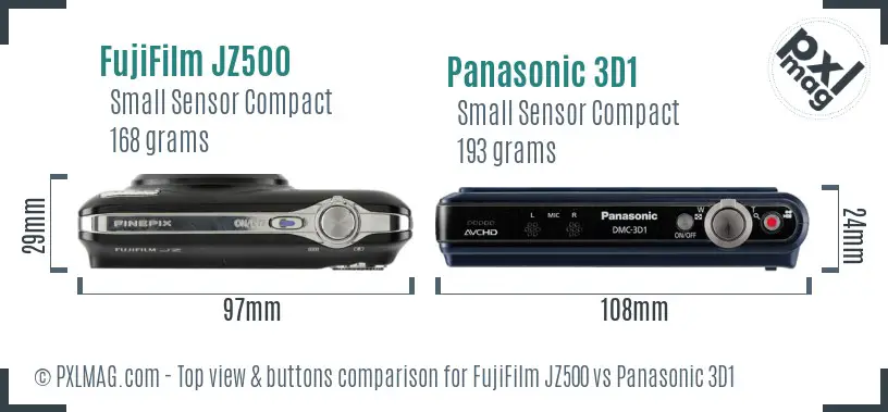 FujiFilm JZ500 vs Panasonic 3D1 top view buttons comparison FujiFilm JZ500 vs Panasonic 3D1 top view buttons comparison