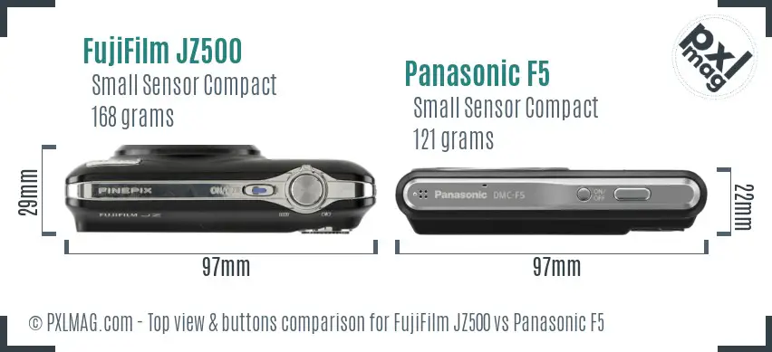 FujiFilm JZ500 vs Panasonic F5 top view buttons comparison FujiFilm JZ500 vs Panasonic F5 top view buttons comparison