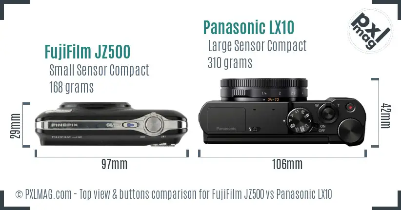 FujiFilm JZ500 vs Panasonic LX10 top view buttons comparison