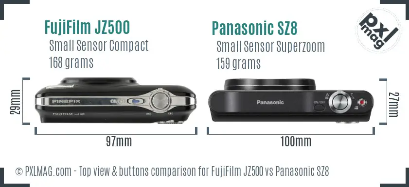 FujiFilm JZ500 vs Panasonic SZ8 top view buttons comparison FujiFilm JZ500 vs Panasonic SZ8 top view buttons comparison
