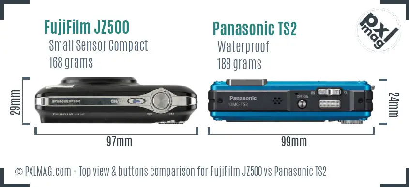 FujiFilm JZ500 vs Panasonic TS2 top view buttons comparison