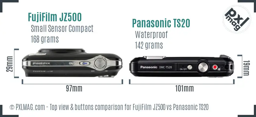 FujiFilm JZ500 vs Panasonic TS20 top view buttons comparison