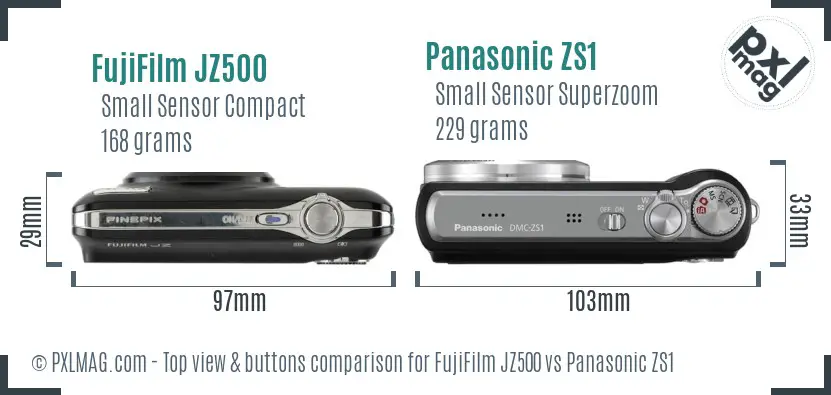FujiFilm JZ500 vs Panasonic ZS1 top view buttons comparison