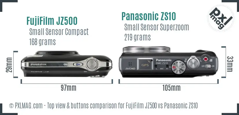 FujiFilm JZ500 vs Panasonic ZS10 top view buttons comparison FujiFilm JZ500 vs Panasonic ZS10 top view buttons comparison