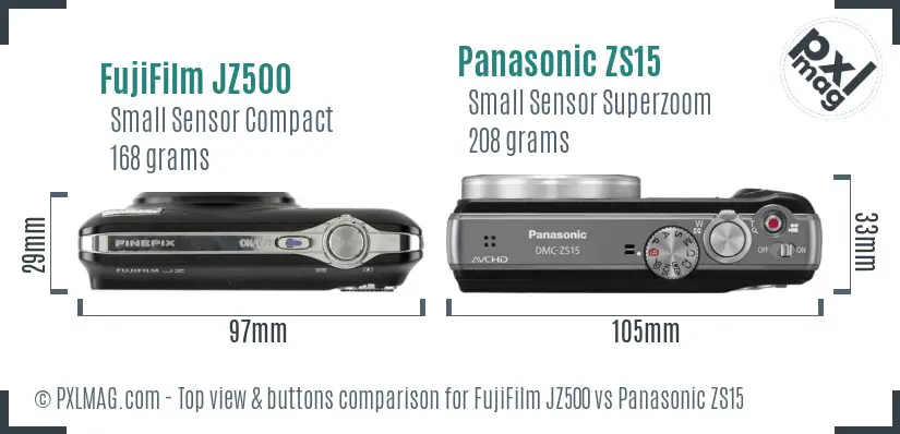 FujiFilm JZ500 vs Panasonic ZS15 top view buttons comparison