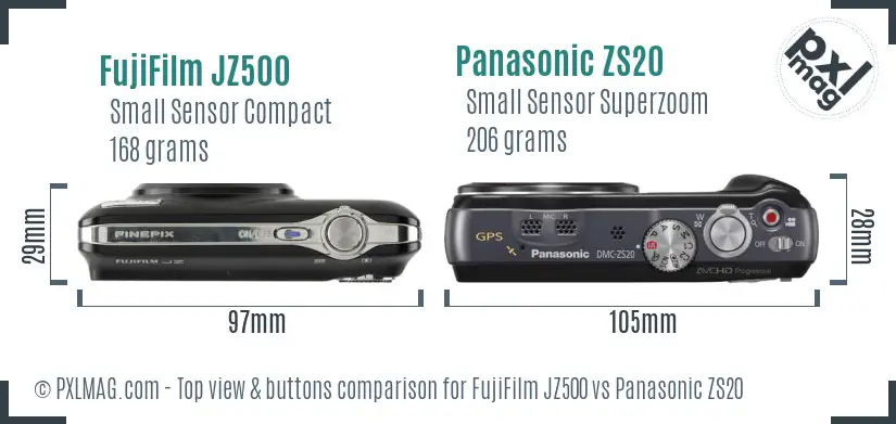 FujiFilm JZ500 vs Panasonic ZS20 top view buttons comparison