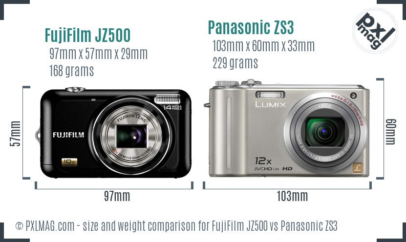 FujiFilm JZ500 vs Panasonic ZS3 size comparison
